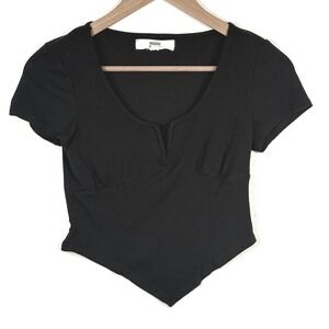 Madden NYC Juniors Ribbed Babydoll Y2K Cropped Top Short Sleeve‎ Sz M Black